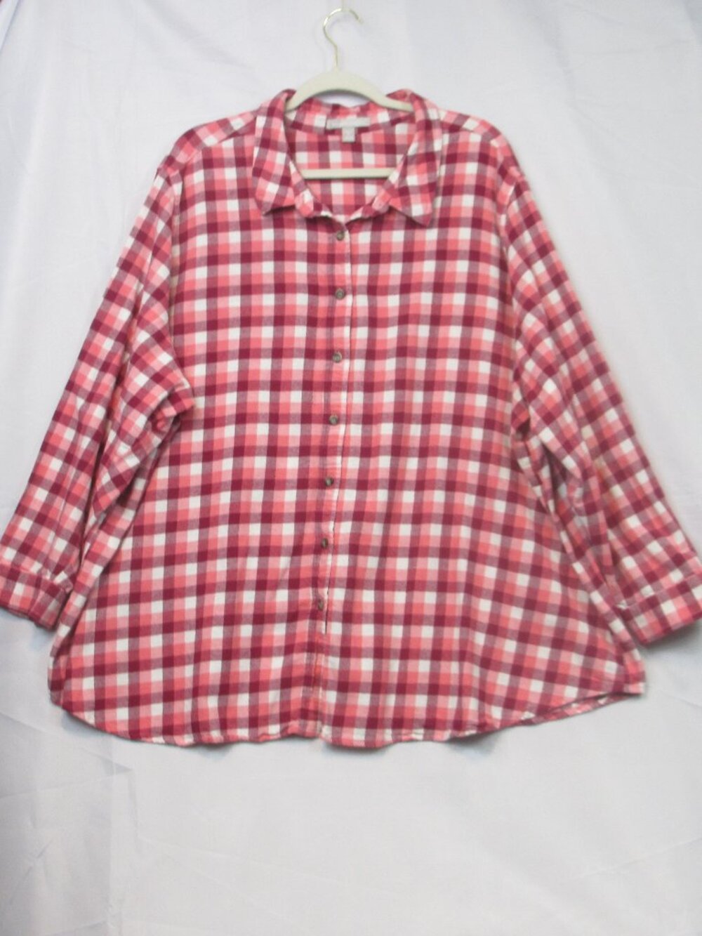 Woman Within 3X Pink White Plaid Flannel Shirt 100% Cotton Button Down 30/32